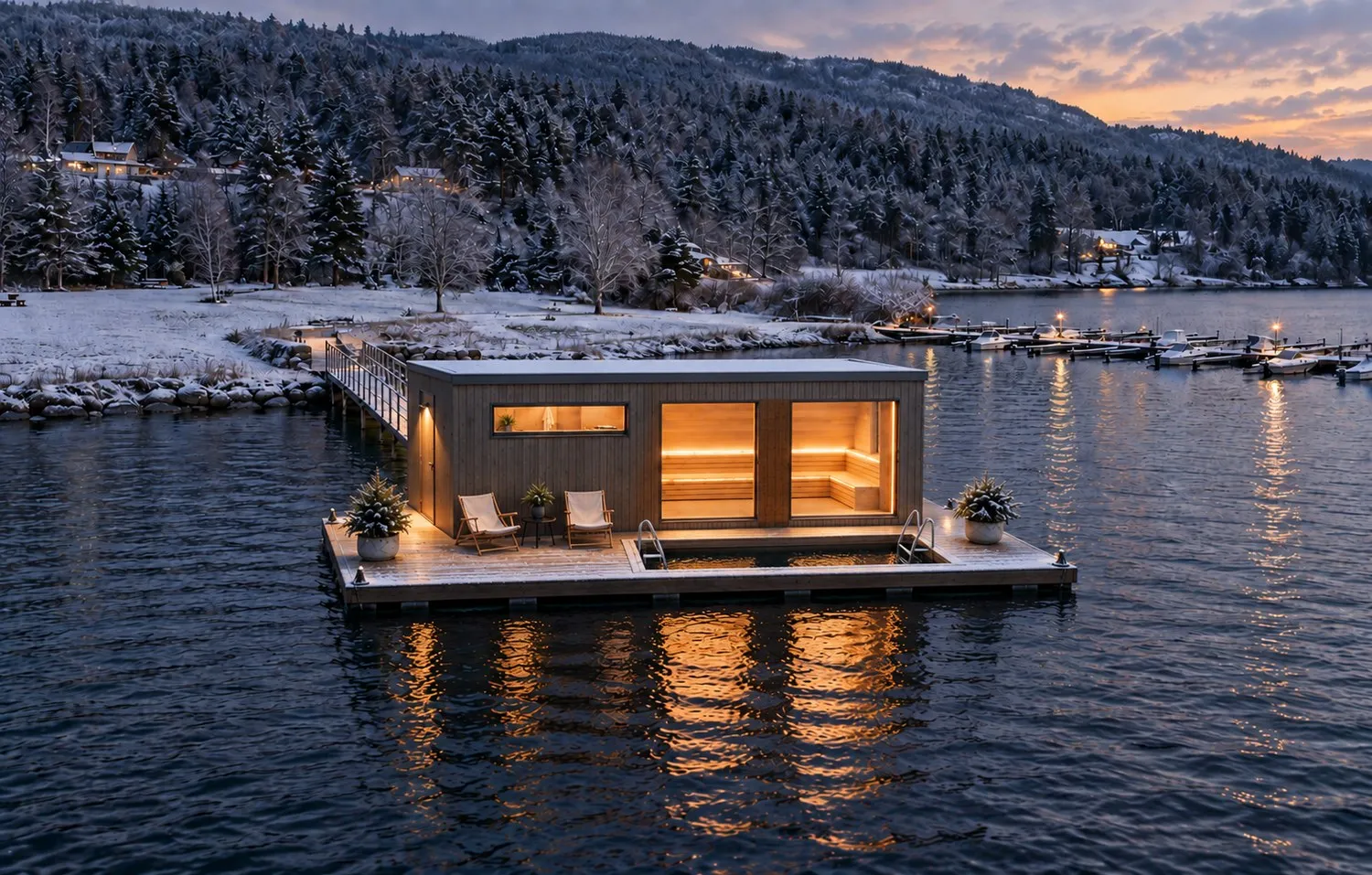 Mørkgonga Fjordsauna på Steinsfjorden, med kuldekulp i terrassen
