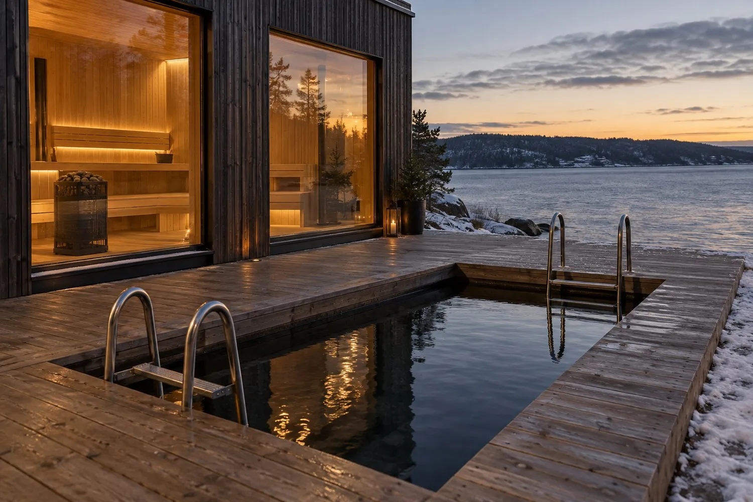 Fjordsaunaen ved Åsatangen, med kuldekulpen i terrassen