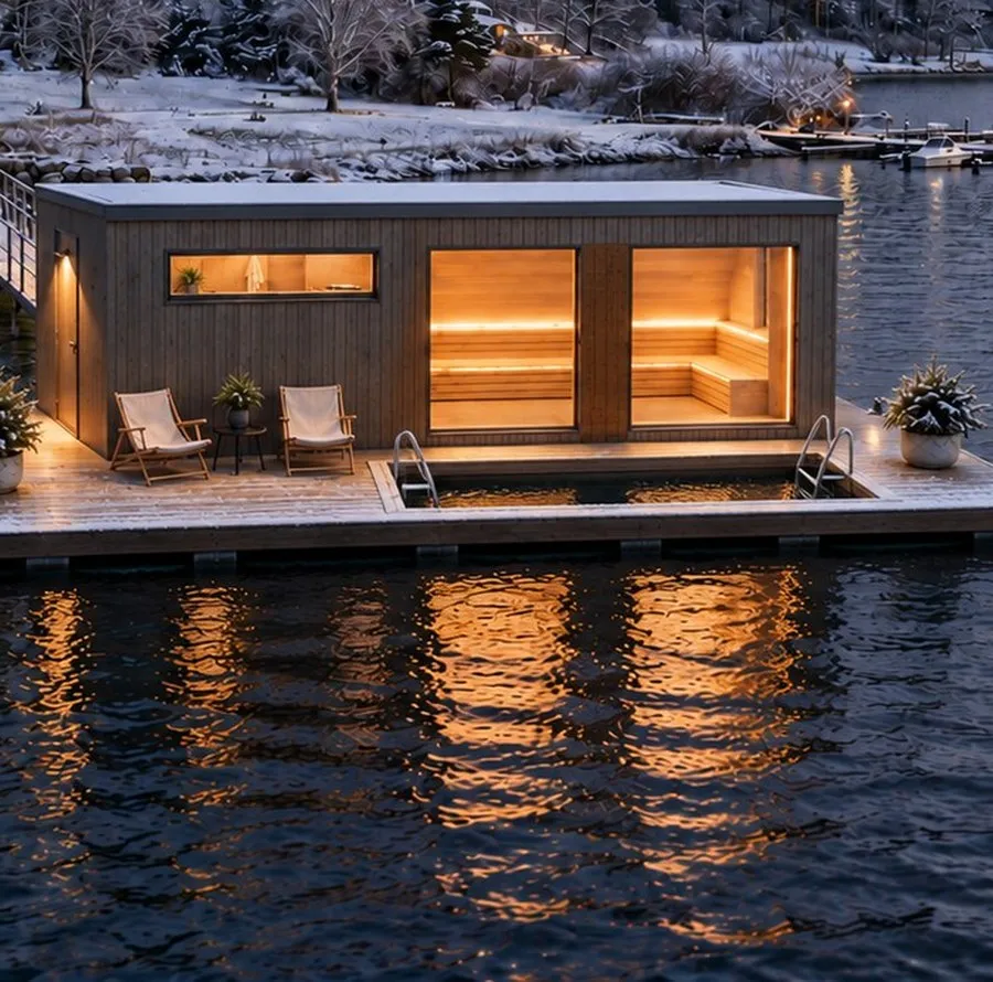 Fjordsaunaen på Åsatangen i skumring, med lys i vinduene og snødekte åser bak Steinsfjorden