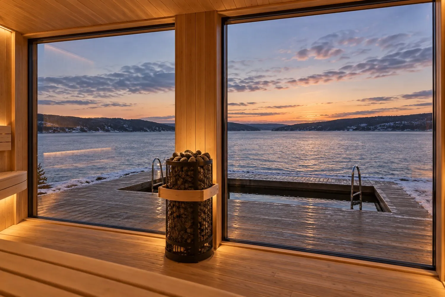 Innsiden av badstuen, med ovnen og fjorden gjennom vinduet